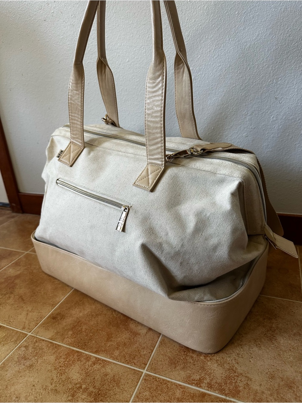 BEIS Two-Tone Canvas & Faux Leather Travel Bag in Beige